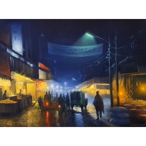 Zulfiqar Ali Zulfi, Night at Red Light Area, 30 x 40 Inch, Oil on Canvas, Cityscape Painting-AC-ZUZ-066